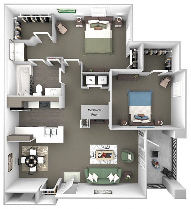 Floor plan for 2 beds, 1 bath, 1045 sqft